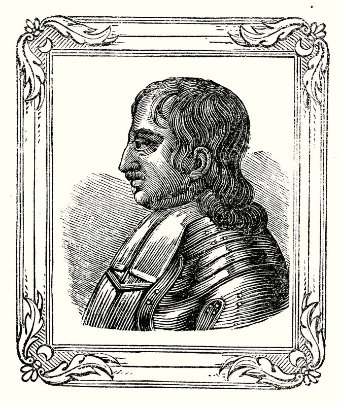 Oliver Cromwell ble født i 1599, ble beskyttet i 1653 og døde i 1658 (gravering) av English School