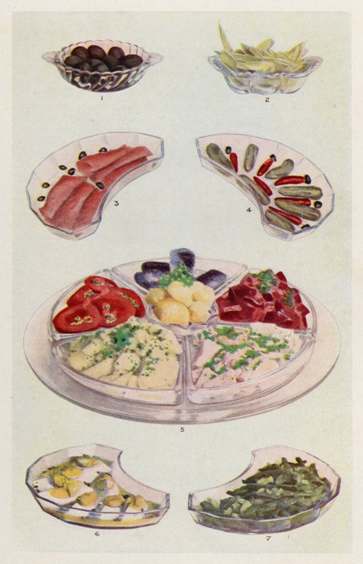 Oliven; kledd sikori; Røkt laks; Agurk og chili; Smør, tomatskiver, potetsalat, tunfisk, rødbeter, sardiner; Majones av egg; Bønnesalat (farge litho) av English School