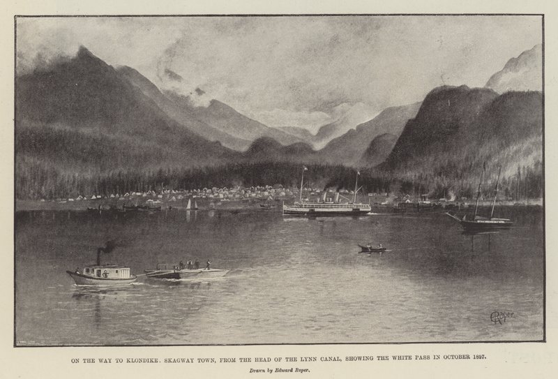 På vei til Klondike, Skagway Town, fra Head of the Lynn Canal, som viser White Pass i oktober 1897 (litho) av English School
