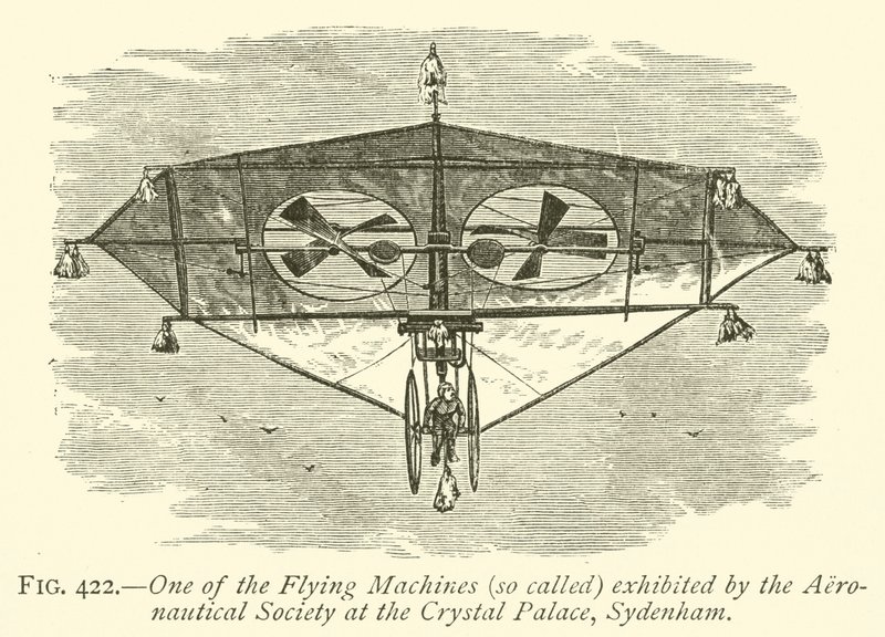 En av de flyvende maskinene (såkalt) utstilt av Aeronautical Society på Crystal Palace, Sydenham (gravering) av English School
