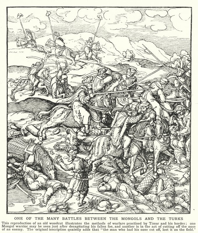 En av de mange kampene mellom mongolene og tyrkerne (litho) av English School