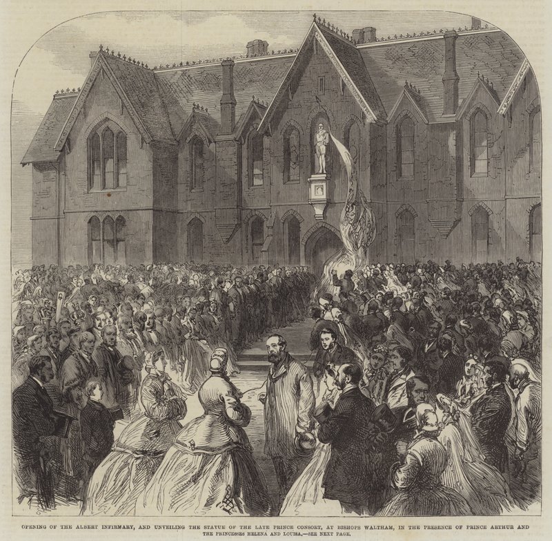 Åpning av Albert Infirmary, og avduking av statuen av avdøde prinsgemal, ved Bishops Waltham, i nærvær av prins Arthur og prinsessene Helena og Louisa (gravering) av English School