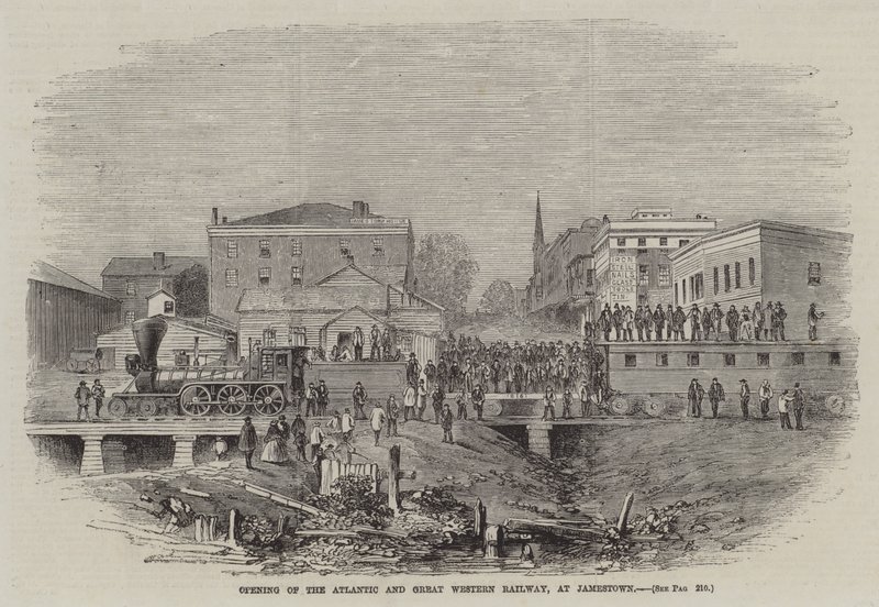 Åpning av Atlantic and Great Western Railway, i Jamestown (gravering) av English School