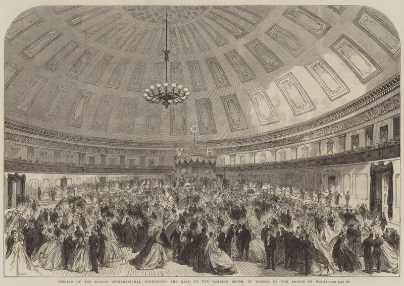 Åpning av Dublin International Exhibition, Ballen i Mansion House, til ære for prinsen av Wales (gravering) av English School