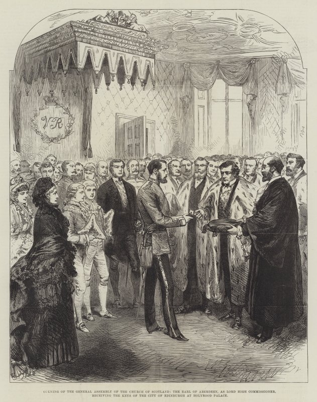 Åpning av generalforsamlingen til Church of Scotland, jarlen av Aberdeen, som Lord High Commissioner, mottok nøklene til byen Edinburgh ved Holyrood Palace (gravering) av English School