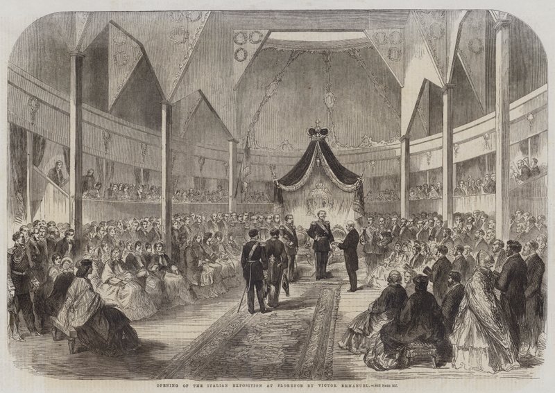 Åpning av den italienske utstillingen i Firenze av Victor Emmanuel (gravering) av English School