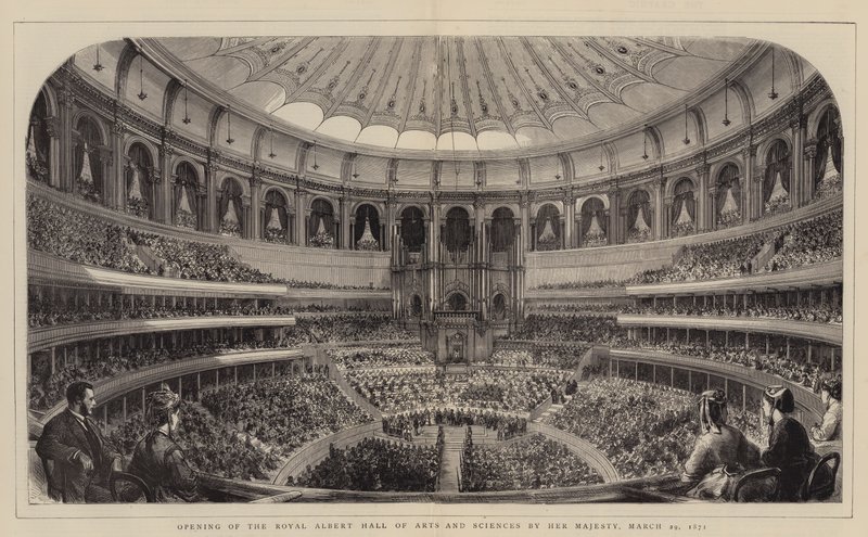Åpning av Royal Albert Hall of Arts and Sciences av Hennes Majestet, 29. mars 1871 (gravering) av English School