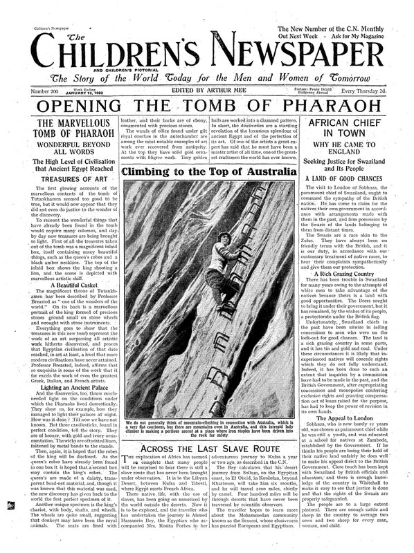 Åpning av Faraos grav, illustrasjon fra The Childrens Newspaper, 13. januar 1923 (avispapir) av English School