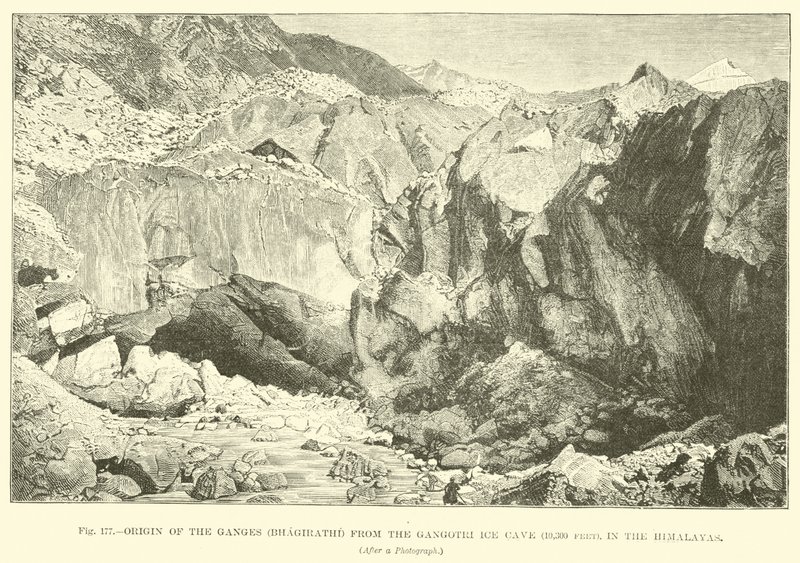 Opprinnelsen til Ganges (Bhagirathi) fra Gangotri Ice Cave (10 300 fot), i Himalaya av English School