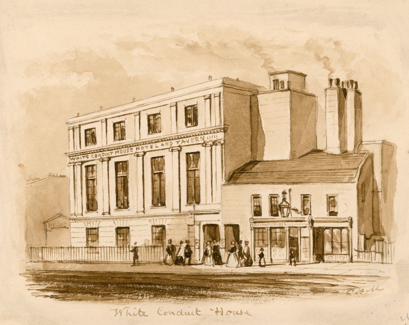 Original sepia-tegning av det nye White Conduit House, Pentonville, London (blekk på papir) av English School