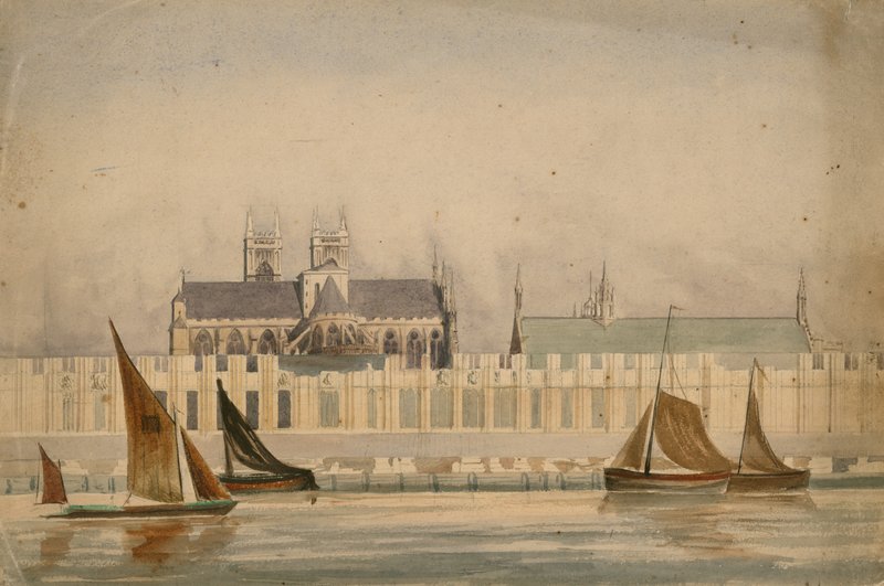 Original akvarelltegning av Houses of Parliament som ble bygget rundt 1842 (wc på papir) av English School