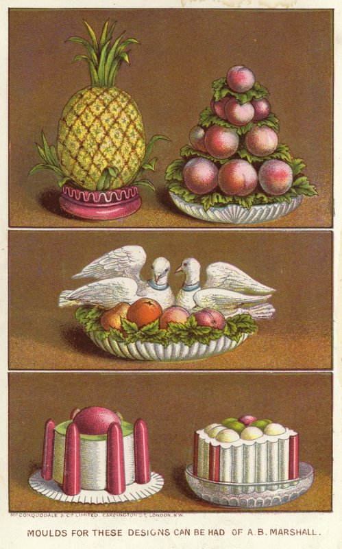 Prydformer for å lage ismat i form av en ananas, fersken og to duer (chromolitho) av English School