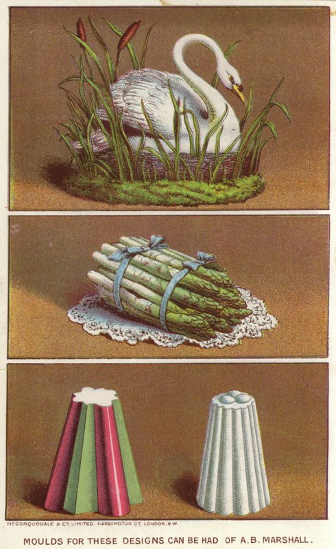 Prydformer for å lage ismat i form av en svane og en bunt asparges (chromolitho) av English School