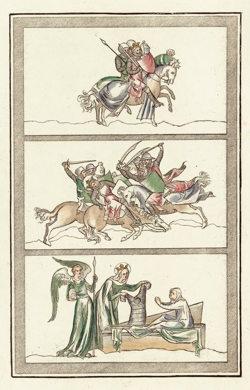 Oswald King of Northumberland med sin hær, Battle Of Maserfield, Miracle of the Virgin Mary (farget gravering) av English School