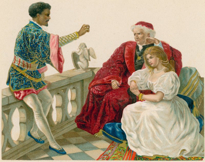 Othello snakker med Desdemona og faren hennes av English School