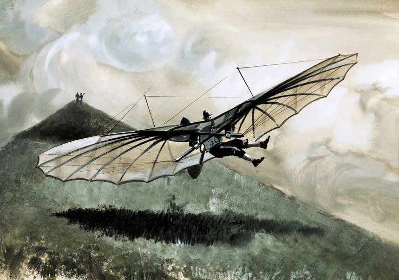 Otto Lillenthal foretok over 1000 flyvninger i sitt primative glider (gouache på papir) av English School