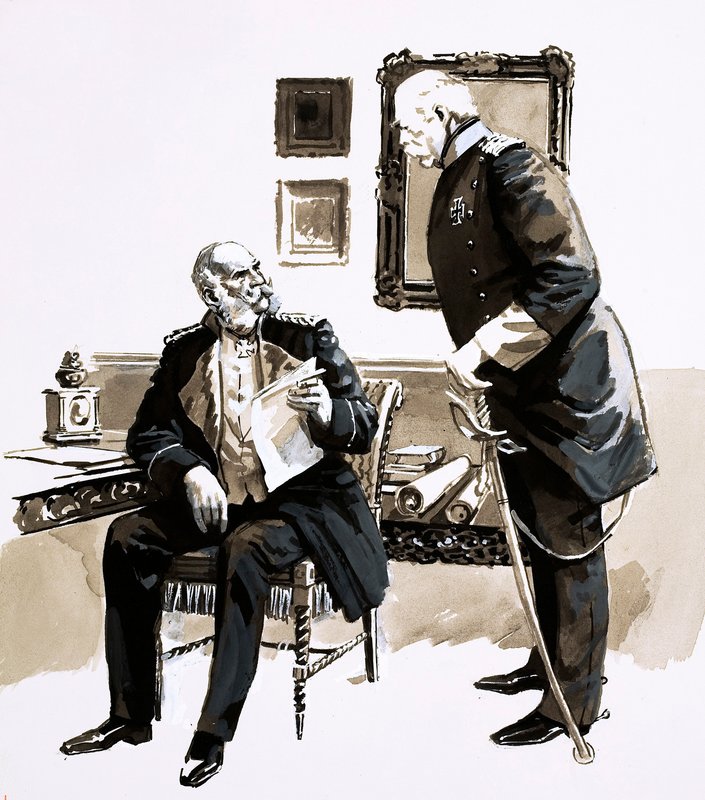 Otto Von Bismarck overtalte kong William til ikke å trekke seg (gouache på papir) av English School