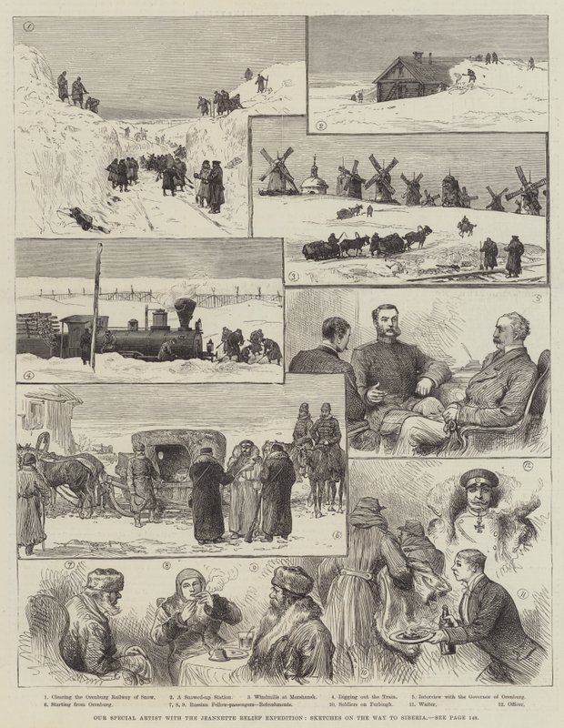 Vår spesielle kunstner med Jeannette Relief Expedition, Skisser på vei til Sibir (gravering) av English School
