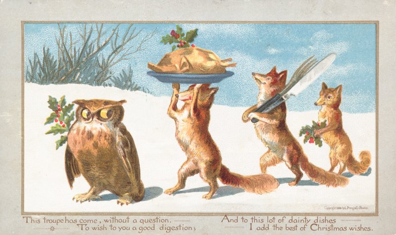 Ugle og rever som bærer julefest, julekort av English School