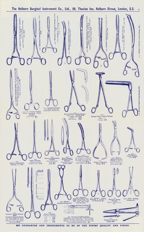 Side fra katalog over kirurgiske instrumenter, ca. 1900 (lito) av English School