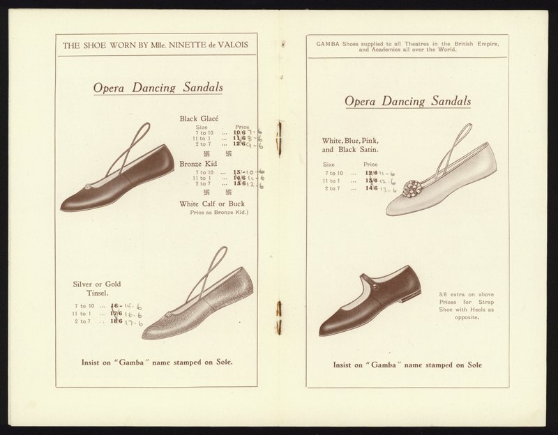 Sider fra katalogen over Gambas berømte Milan Toe Ballet Shoe (litho) av English School