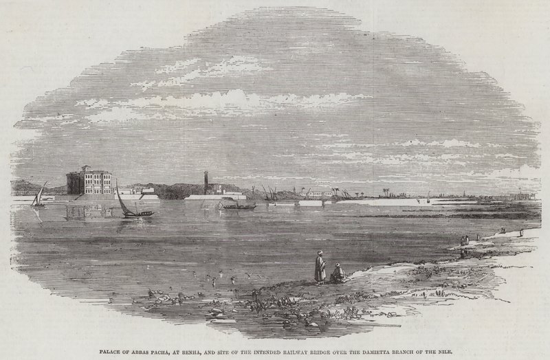 Palace of Abbas Pacha, ved Benha, og stedet for den tiltenkte jernbanebroen over Damietta-grenen av Nilen (gravering) av English School