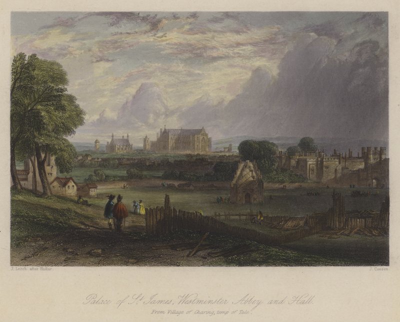 Palace of St James, Westminster Abbey and Hall, London (farget gravering) av English School