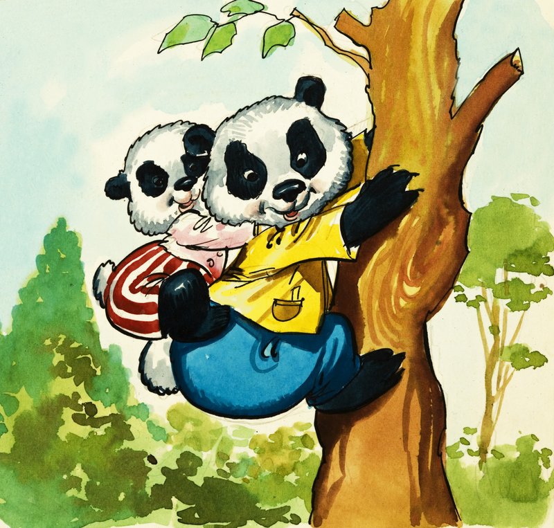 Pandaer som klatrer i et tre av English School