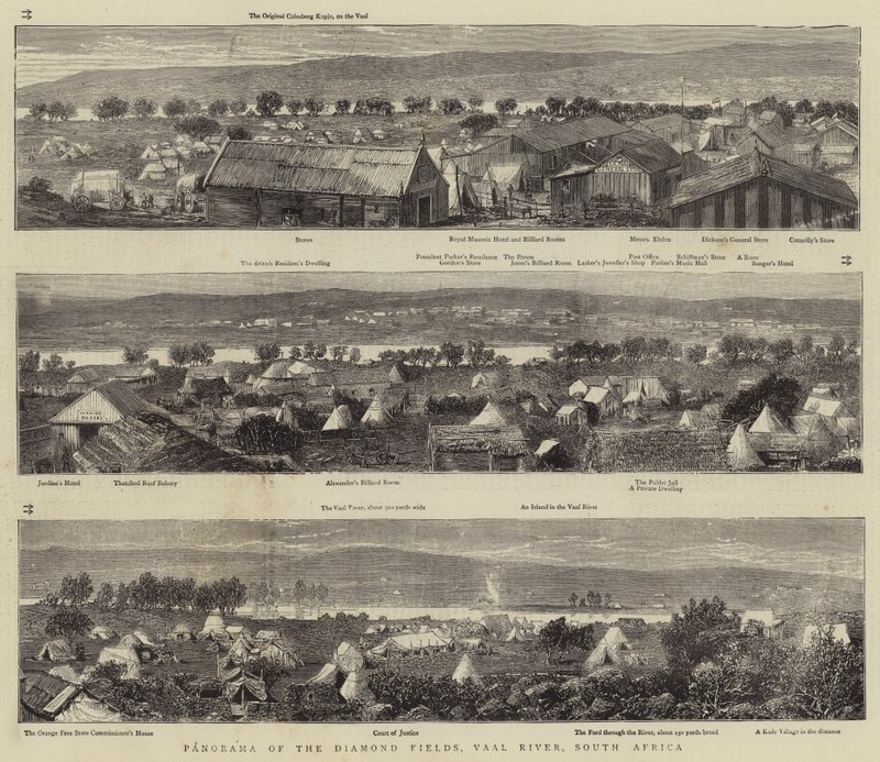 Panorama over diamantfeltene, Vaal-elven, Sør-Afrika (gravering) av English School