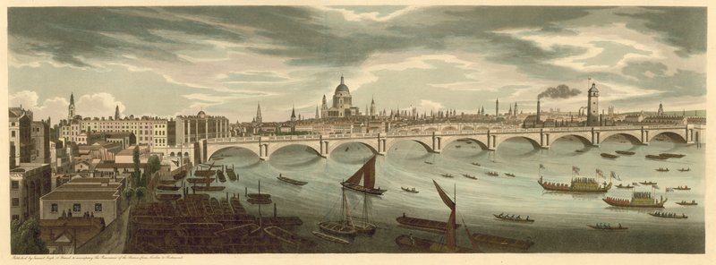 Panoramautsikt over London inkludert London Bridge og St Pauls Cathedral av English School