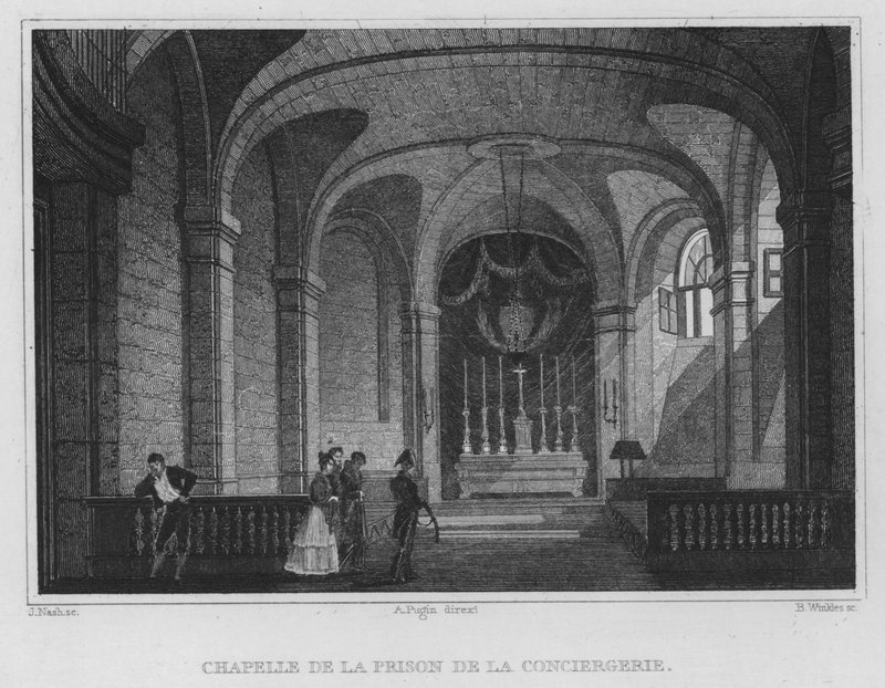 Paris, kapell i Conciergerie-fengselet (gravering) av English School