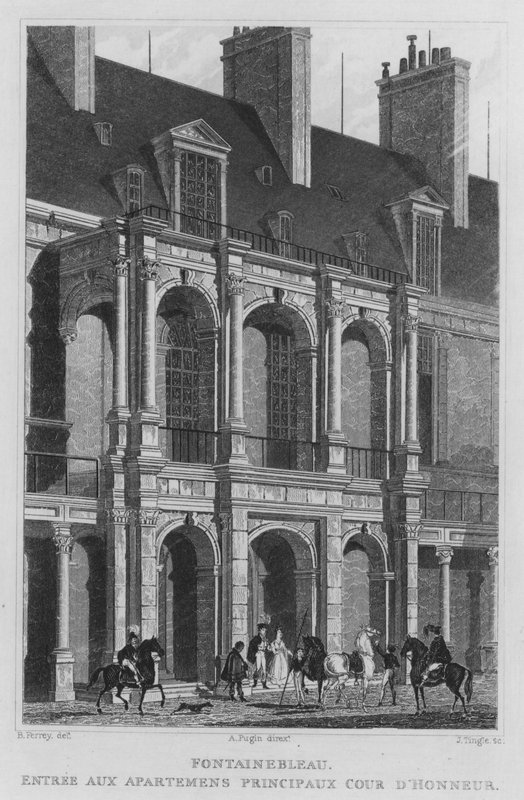 Paris, Fontainebleau, Inngang til hovedleilighetene Court of Honor (gravering) av English School