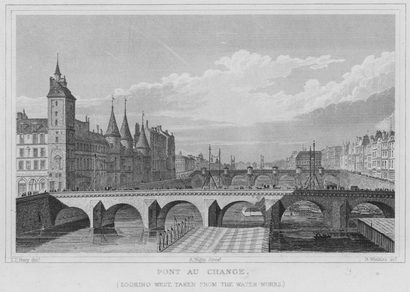 Paris, Pont Au Change, sett vestover, hentet fra vannverket (gravering) av English School