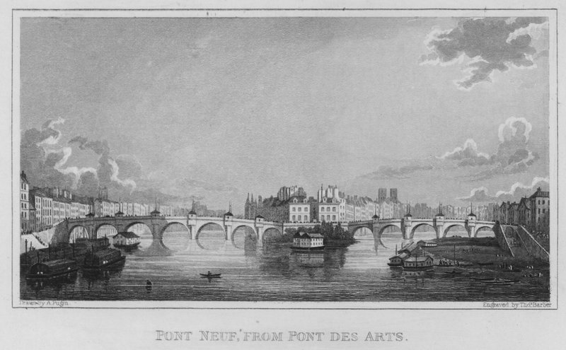 Paris, Pont Neuf, fra Pont Des Arts (gravering) av English School