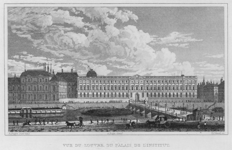 Paris, utsikt over Louvre, fra instituttets palass (gravering) av English School
