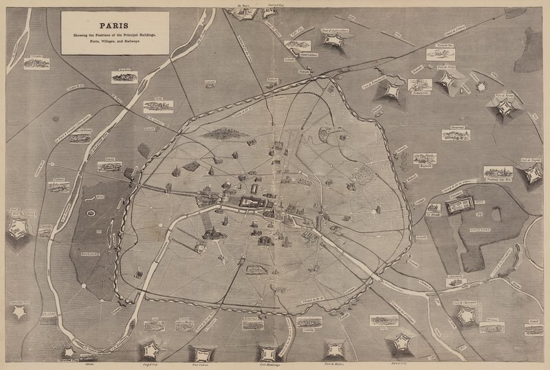 Paris, som viser posisjonene til de viktigste bygningene, fortene, landsbyene og jernbanene (gravering) av English School