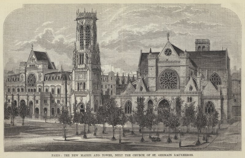 Paris, den nye Mairie og tårnet, ved siden av kirken St Germain l'Auxerrois (gravering) av English School