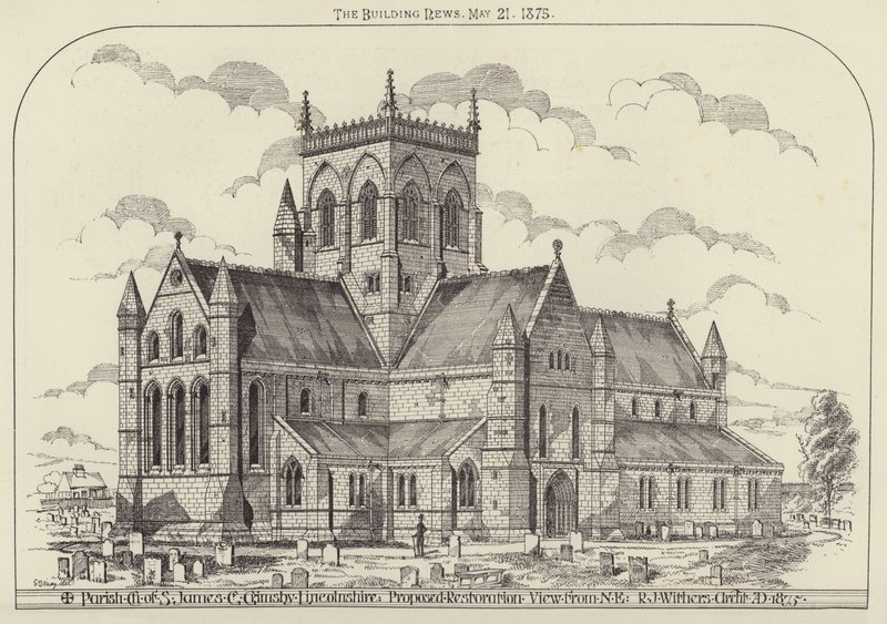 Parish Church of S James, Great Grimsby, Lincolnshire, foreslått restaurering, utsikt fra NE (gravering) av English School