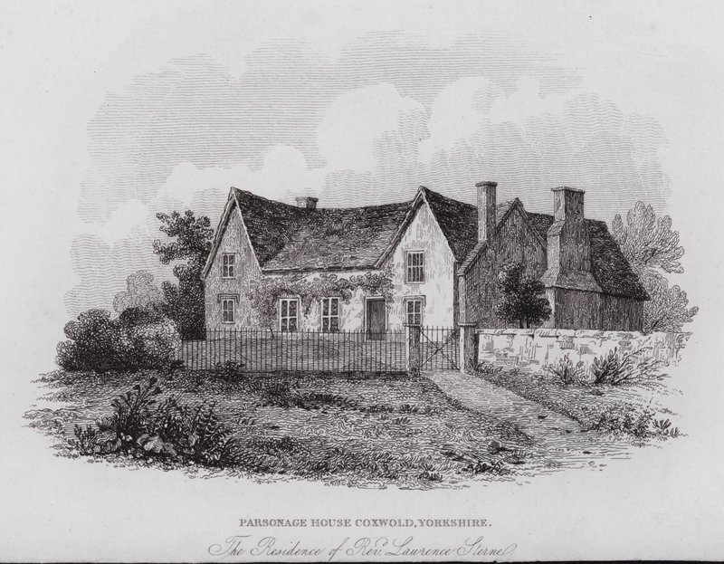 Parsonage House, Coxwold, Yorkshire, residensen til pastor Laurence Sterne (gravering) av English School