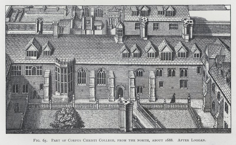 En del av Corpus Christi College, fra nord, ca 1688, etter Loggan (gravering) av English School
