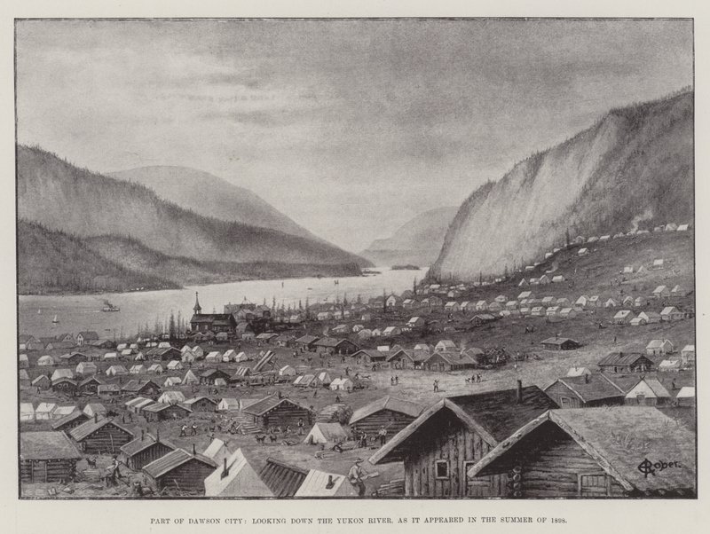 En del av Dawson City, ser nedover Yukon-elven, slik den så ut sommeren 1898 (litho) av English School