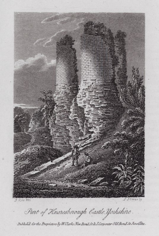 En del av Knaresborough Castle, Yorkshire (gravering) av English School