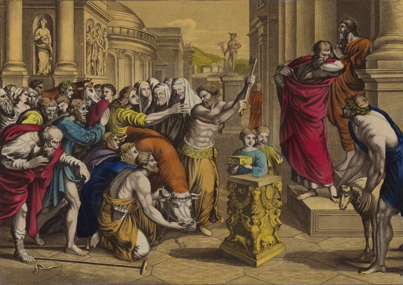 Paul og Barnabas i Lystra (farge litho) av English School