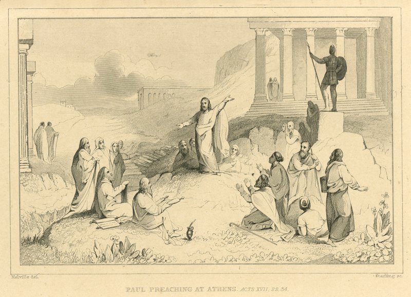 Paulus forkynner i Athen, Apostlenes gjerninger XVII, 22, 34 av English School