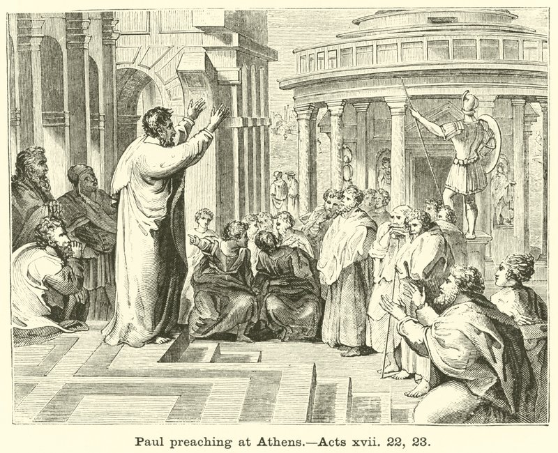Paulus forkynner i Athen, Apostlenes gjerninger, xvii, 22, 23 av English School