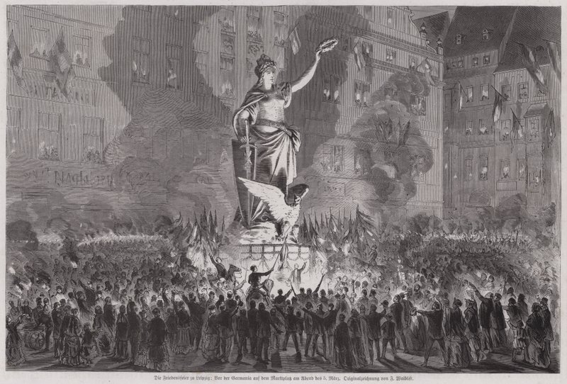 Fredsfeiring foran statuen av Germania på markedsplassen i Leipzig, Tyskland, om kvelden 5. mars 1870 (gravering) av English School