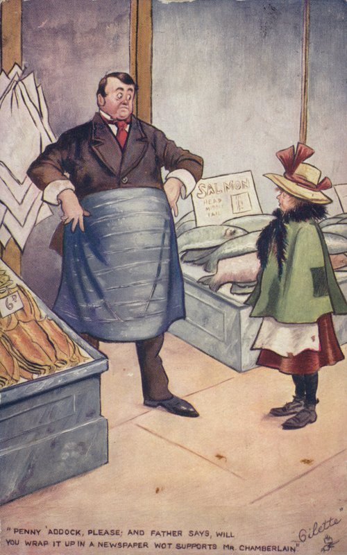 «Penny #39;addock, vær så snill; og far sier, kan du pakke det inn i en avis som støtter Mr. Chamberlain» (fargelitografi) av English School