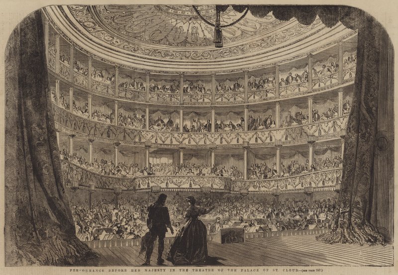 Opptreden foran Hennes Majestet i Theatre of the Palace of St Cloud (gravering) av English School
