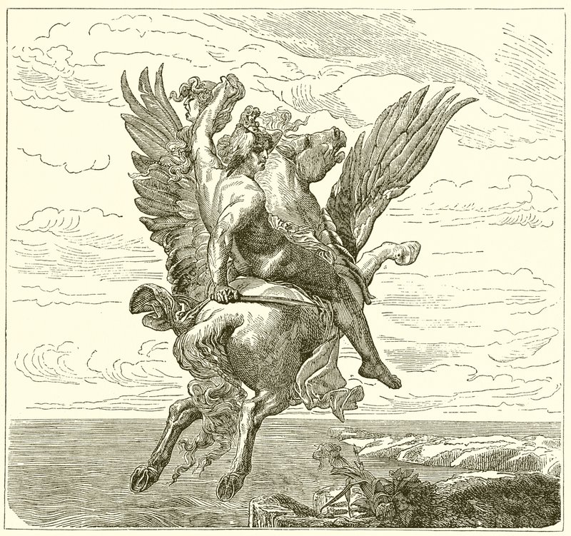 Perseus på den bevingede hesten Pegasus, med Medusas hode av English School