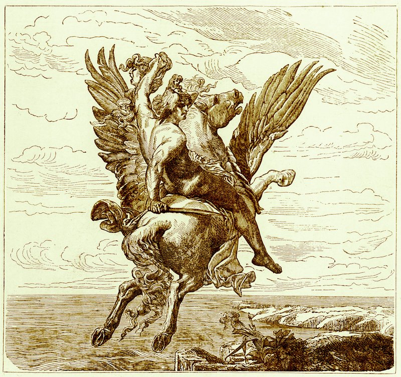 Perseus på den bevingede hesten Pegasus, med Medusas-hode, illustrasjon fra The Illustrated History of the World, publisert ca. 1880 (digitalt forbedret bilde) av English School